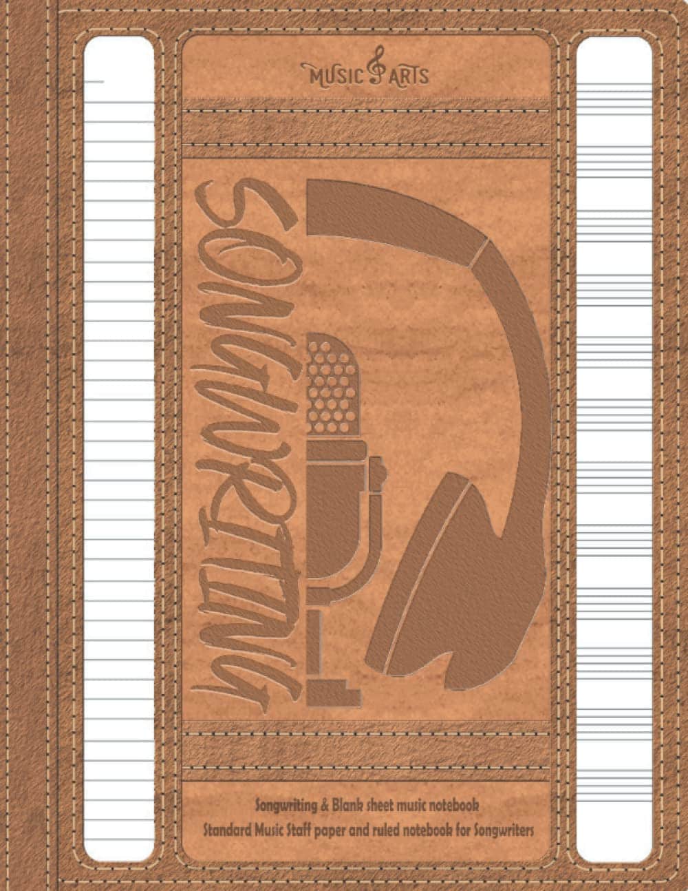 A brown leather banner with a microphone and headphones Description automatically generated