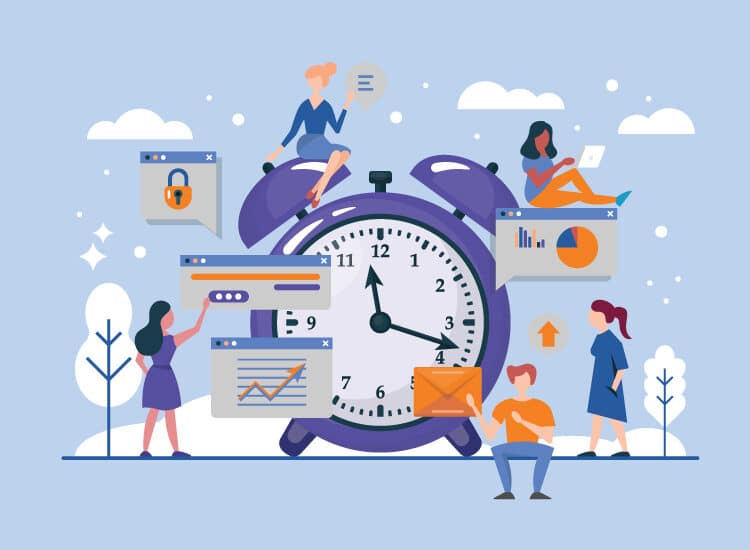 A group of people around a clock Description automatically generated