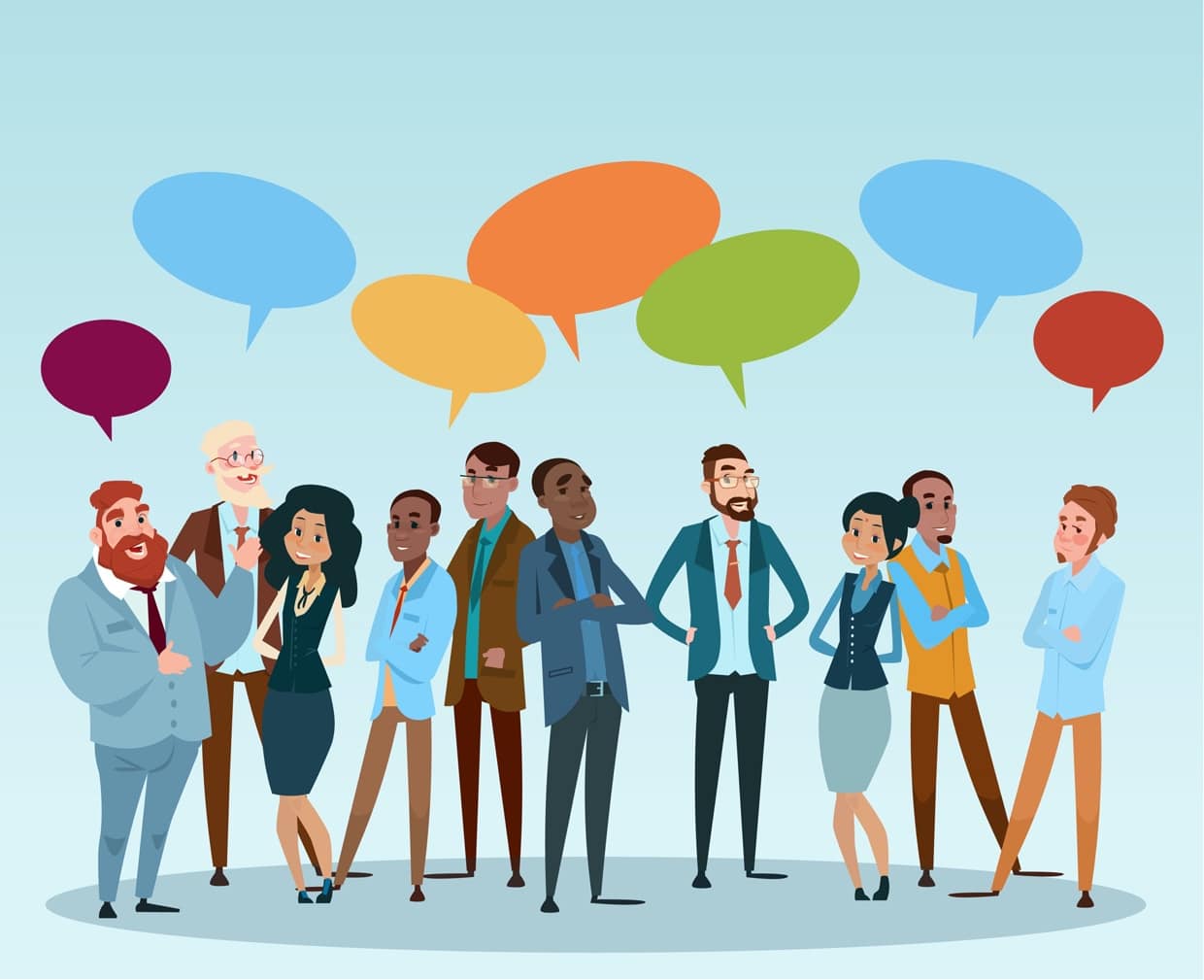 A group of people standing together with speech bubbles Description automatically generated