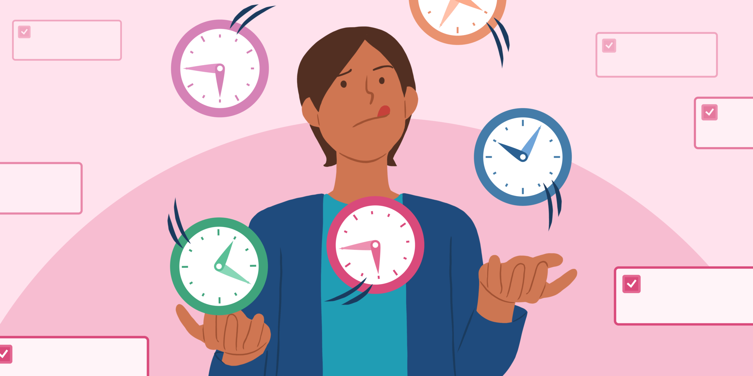 A person juggling with clocks Description automatically generated