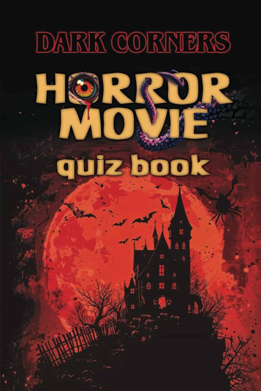 A book cover with a castle and a red moon Description automatically generated
