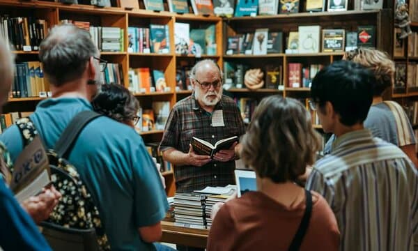 A person holding a book in front of a group of people Description automatically generated
