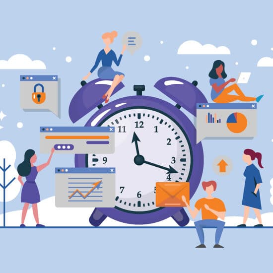 A group of people around a clock Description automatically generated